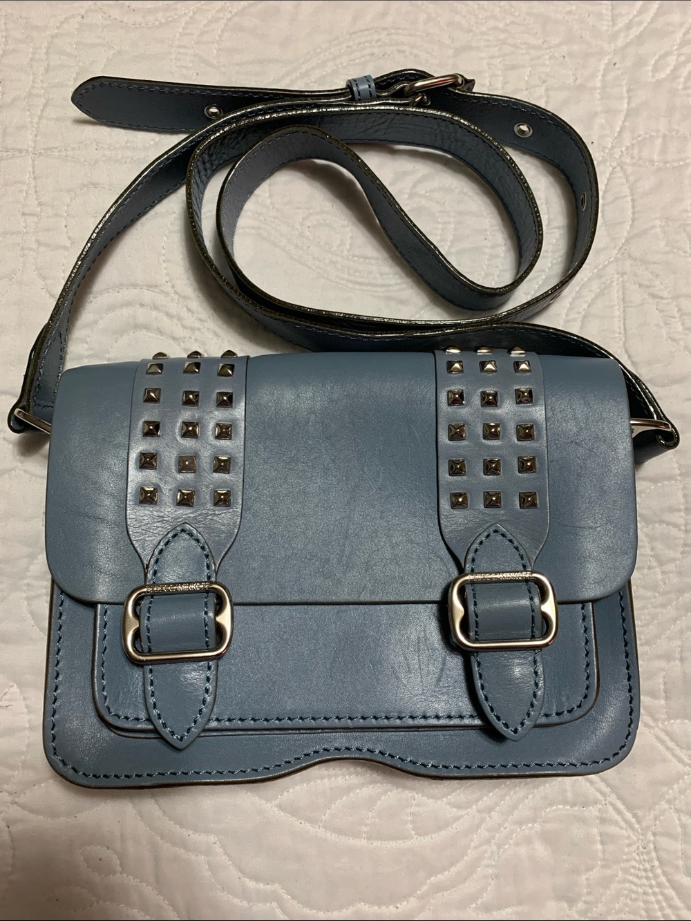 REBECCA MINKOFF ALEX SKY LIGHT BLUE LEATHER STUDDED CROSS BODY HANDBAG